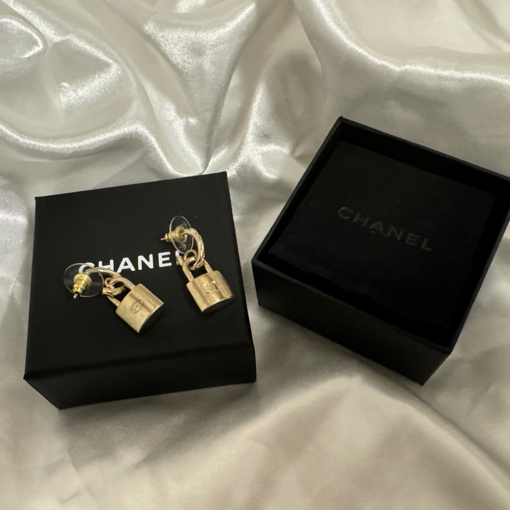 Chanel CC Logo Vintage Look Gold Padlock Earrings